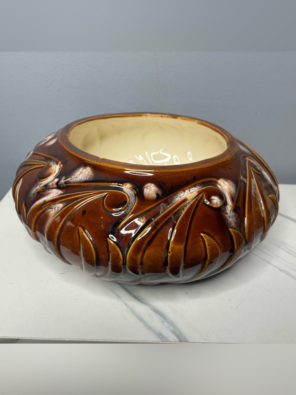 Vintage 1960s 70s Brown Glazed Ceramic Planter Bowl MCM Raised Leaf Design